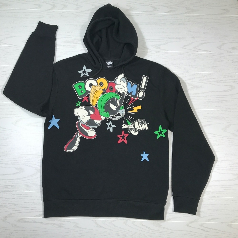 Vintage Space Jam Marvin Hoodie Men Large Black Graphic Print Drawstring Retro